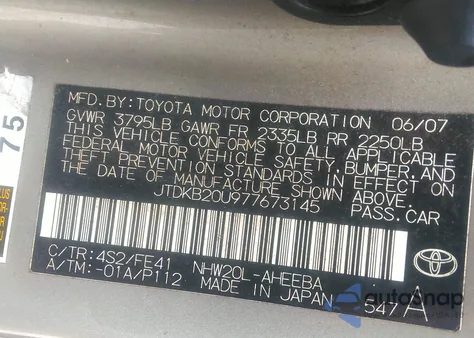 2007 Toyota Prius z USA, uszkodzony, nr VIN JTDKB20U977673145